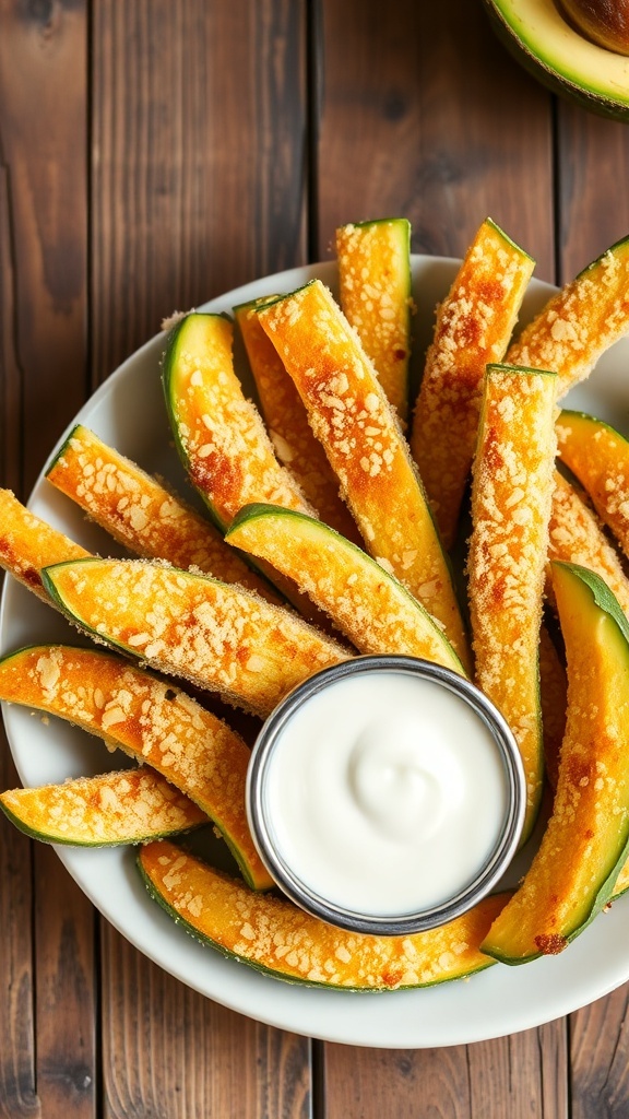 Crispy Air Fryer Avocado Fries Recipe Crispy avocado fries with almond flour coating served with dipping sauce on a rustic table.